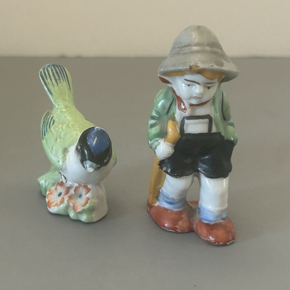Made In Occupied Japan Ceramic Figurine Boy w/Backpack and Bird Figurine Vintage